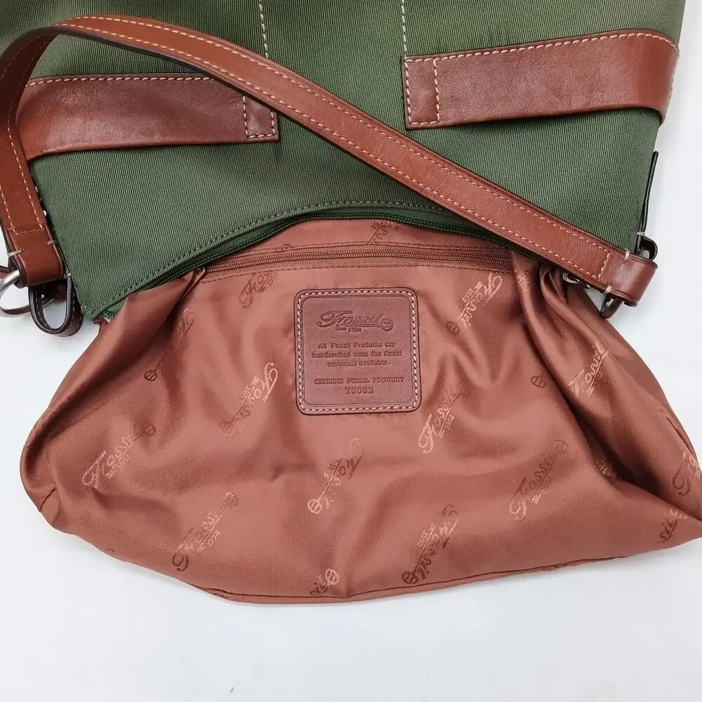 Fossil Oliver Green Nylon Leather Trim Zipper Closure Hobo Shoulder Bag